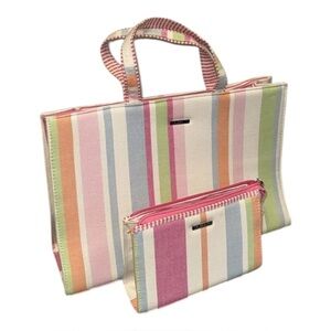 Vintage “Celebrity” Pastal Striped Dual Handle Tote Bag & Makeup Cosmetic Bag